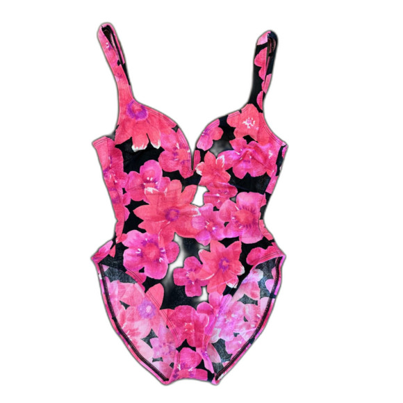 Vintage 90s La Blanca Hot Pink Black Floral High Cut Structured V Swimsuit 8 USA - Picture 1 of 11